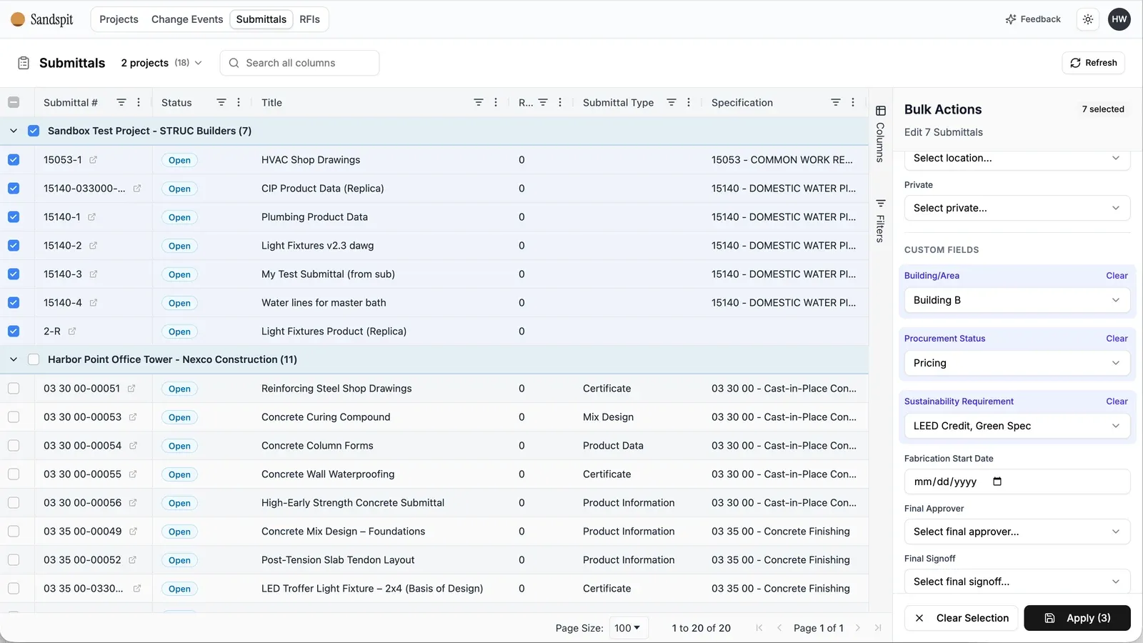 Sandspit bulk actions panel editing multiple custom fields across selected submittals