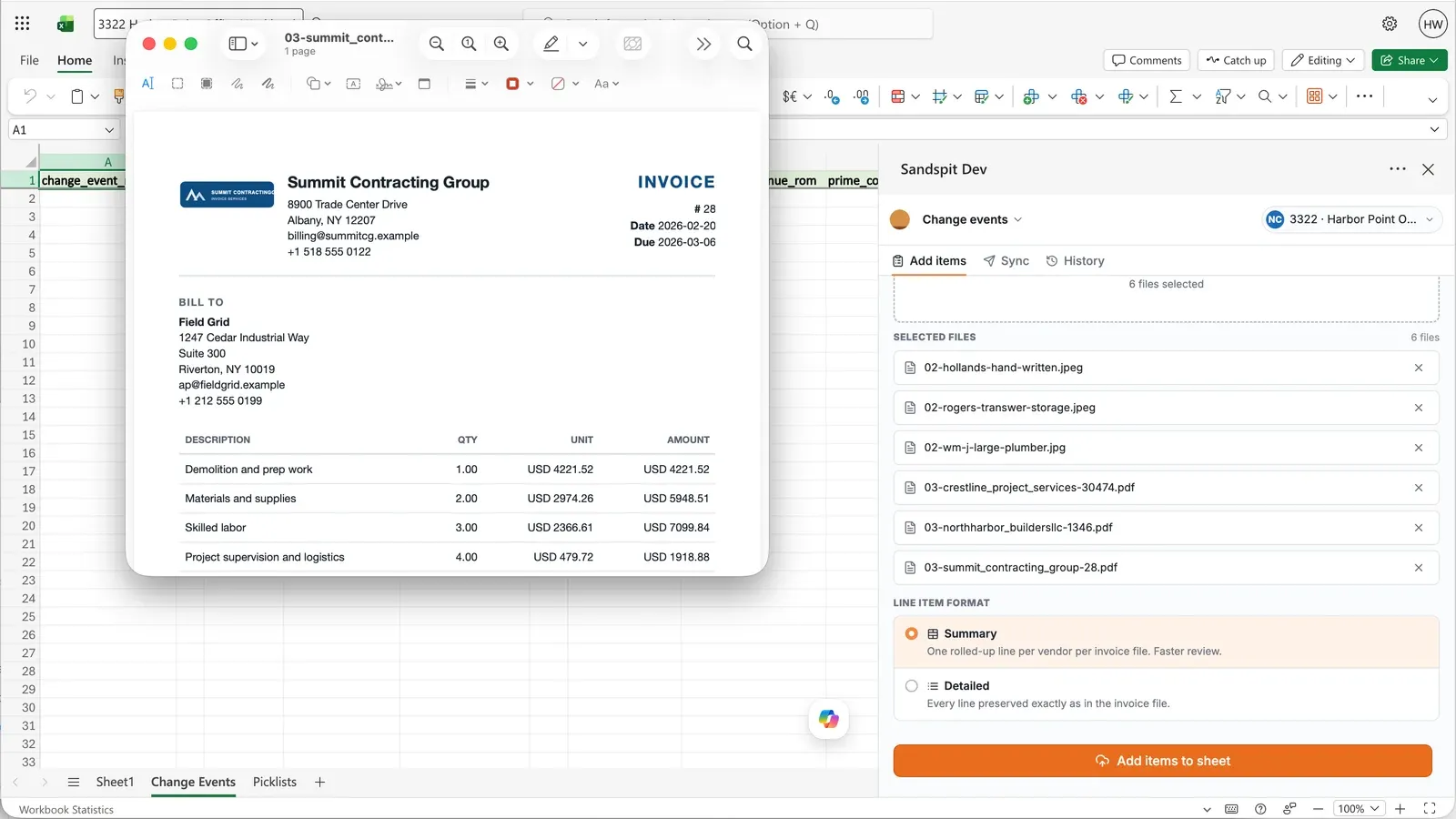 Sandspit extracting change event data from PDFs, images, CSVs, and spreadsheets