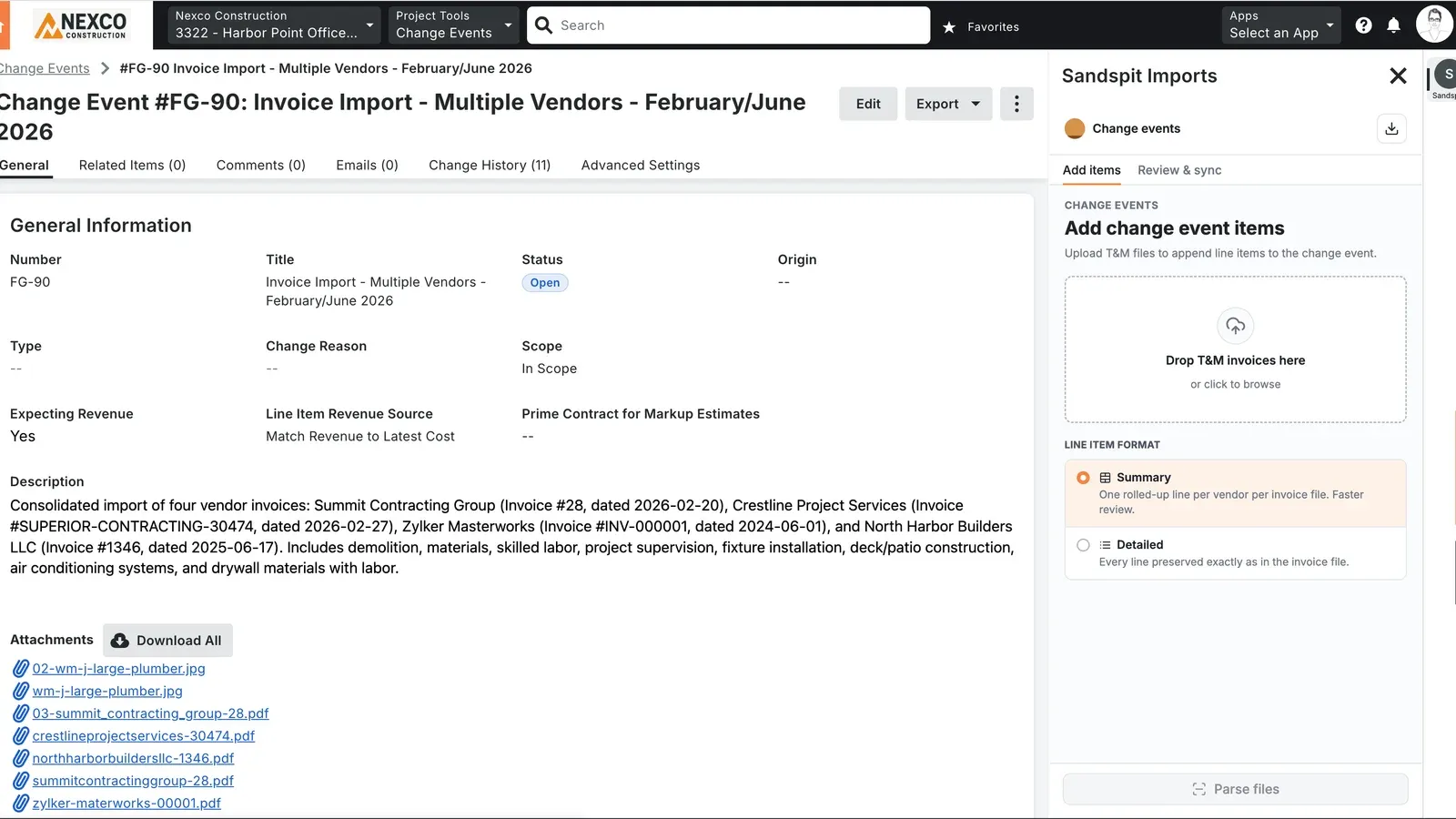 Sandspit Procore side panel workflow for focused project data review