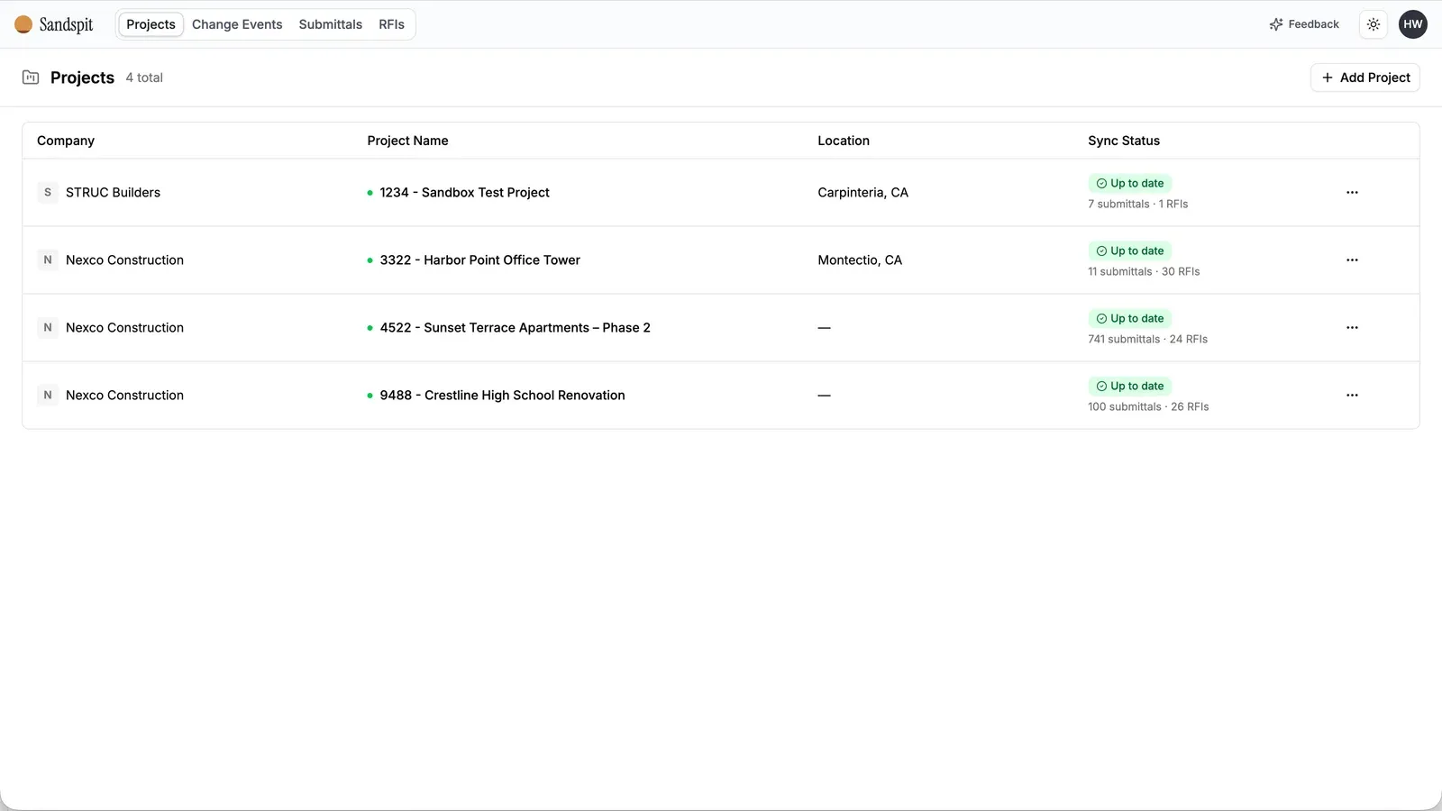 Sandspit standalone web app showing a Procore-connected project grid