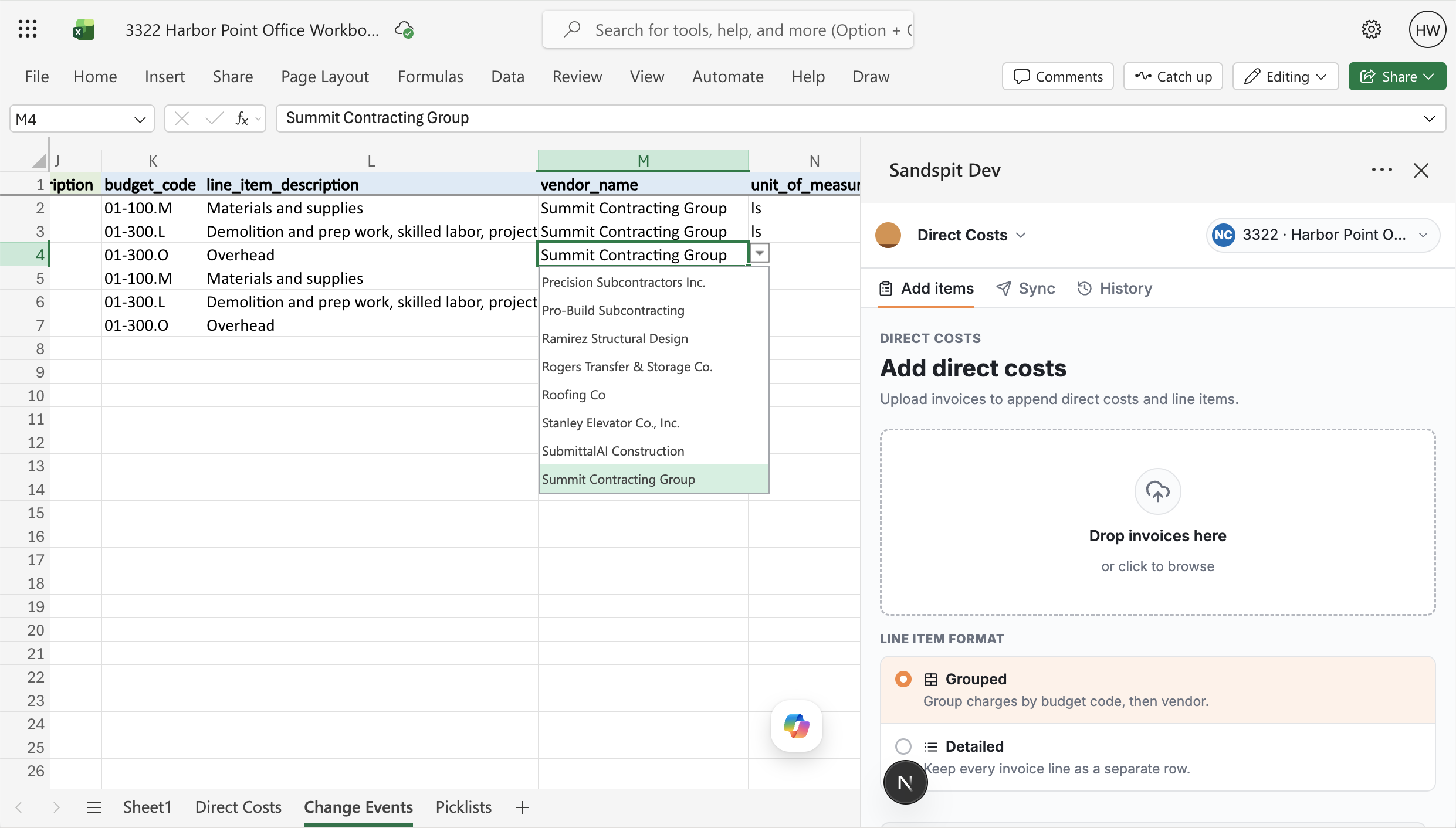Sandspit Excel add-in mapping spreadsheet rows to Procore change event line items