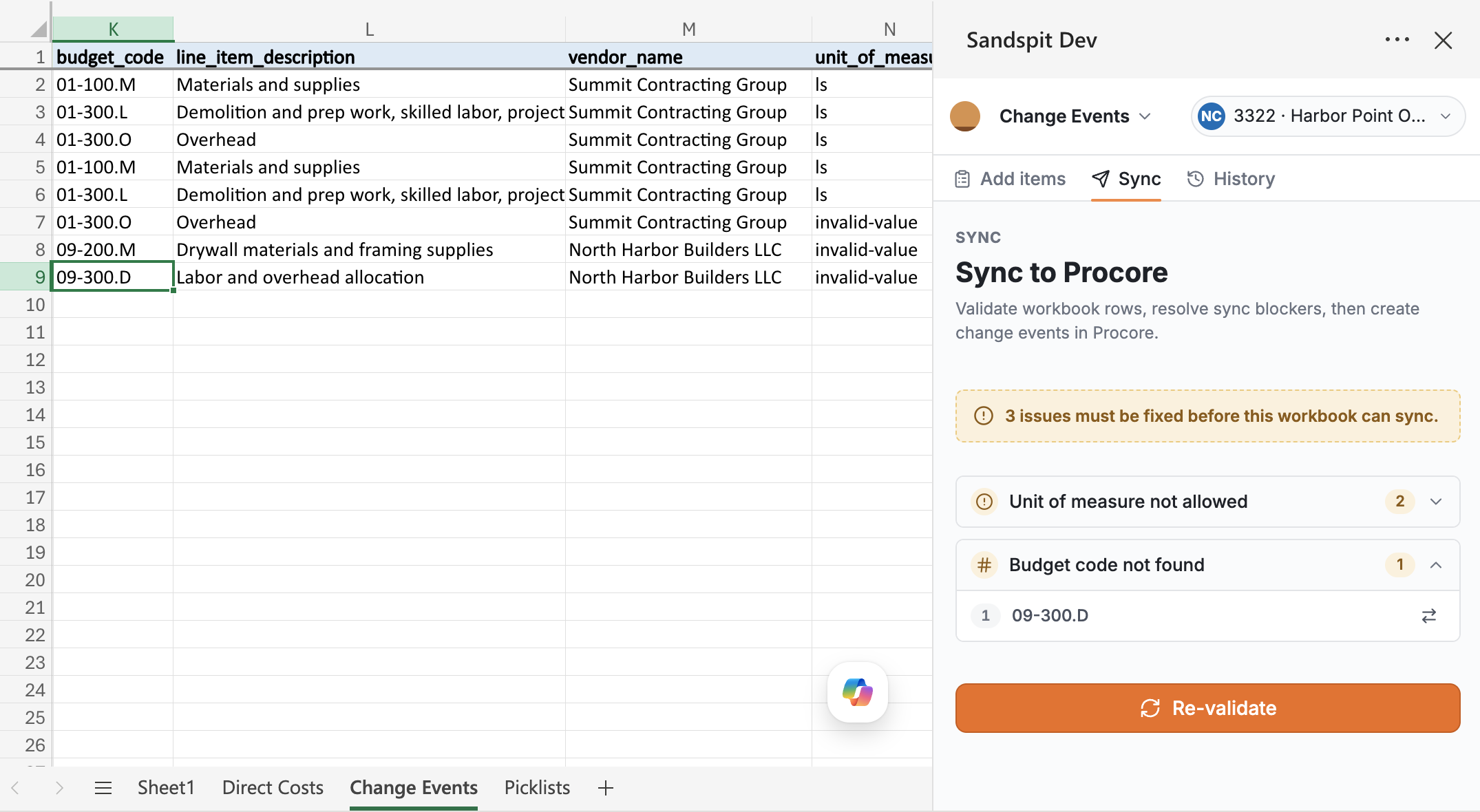 Sandspit flagging cost code and vendor mismatches in the staging grid before import